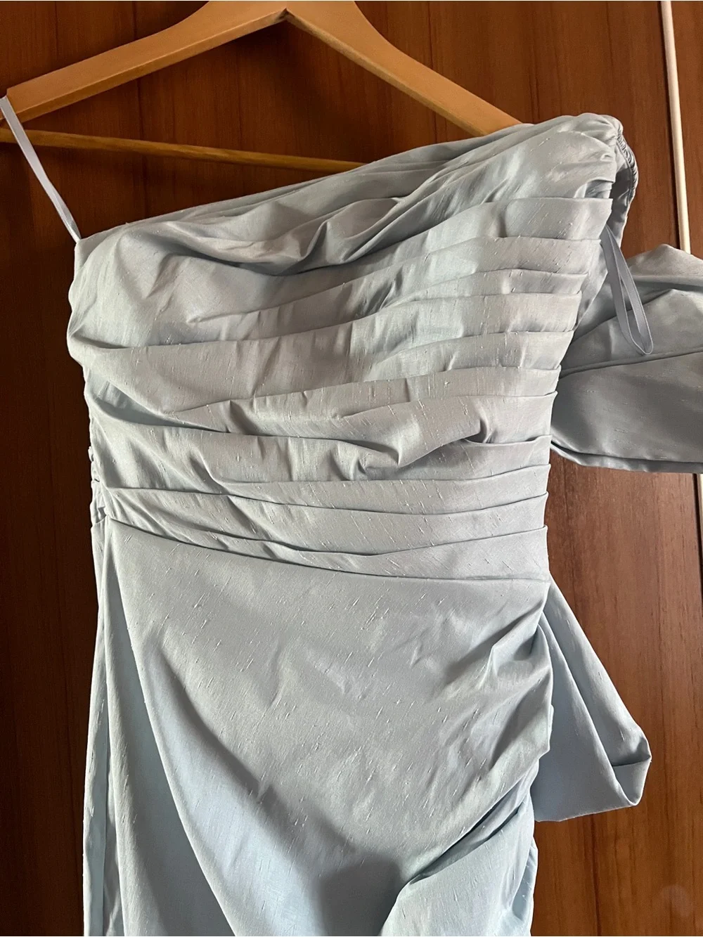 Rachel Gilbert Light Blue One-Shoulder Ruched Gown with Bow - Picture 7 of 13